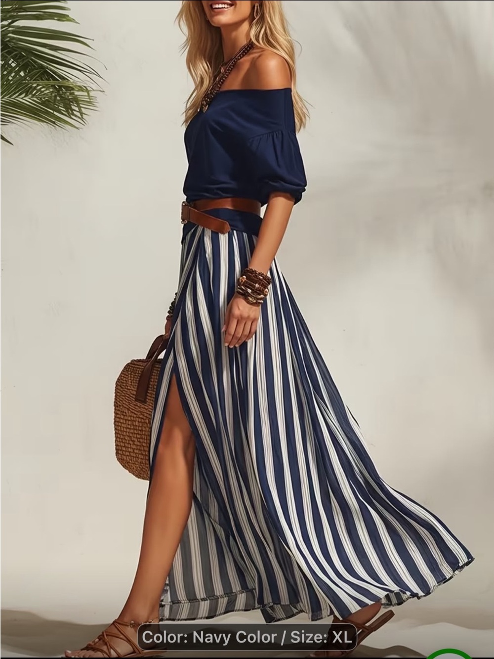 Navy & White Striped Maxi Skirt with Side Slit